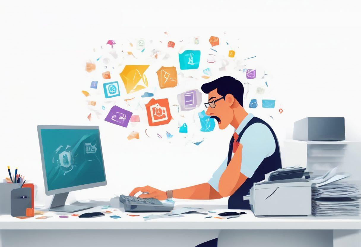 A dynamic office environment showing a frustrated employee dealing with a paper jam, contrasted with a seamless digital fax transmission on a sleek computer screen, symbolizing the transition from traditional to modern solutions. Blend elements of cybersecurity icons like locks and shields with efficiency symbols like gears and checkmarks. vector art. vibrant colors. white background.