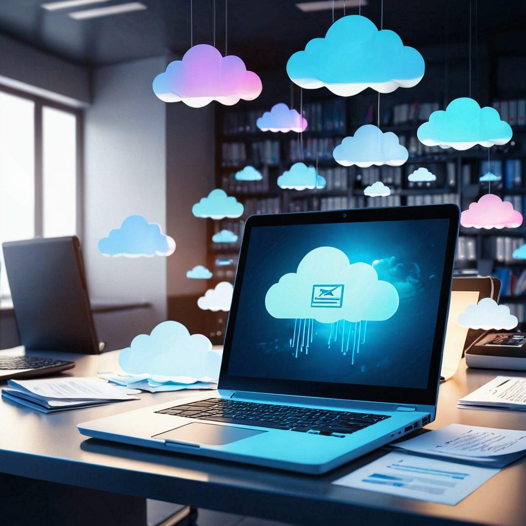A sleek office setup with a modern laptop displaying a cloud icon and digital documents swirling around it, symbolizing secure transmission. Visible in the background are faded, ghost-like traditional fax machines representing old technology making way for innovative paperless solutions. The mood is futuristic, efficient, and high-tech. vibrant colors. 3D.