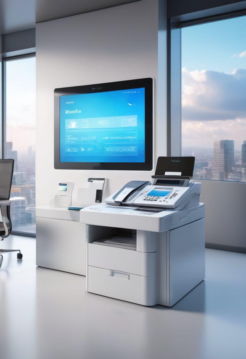 A sleek, modern office with a digital interface on a large screen showcasing a fax interface, files being transmitted through the cloud to a recipient's device, and a classic fax machine fading into a transparent background. Include a digital lock symbolizing security. Vibrant and progressive colors. 3D rendering.
